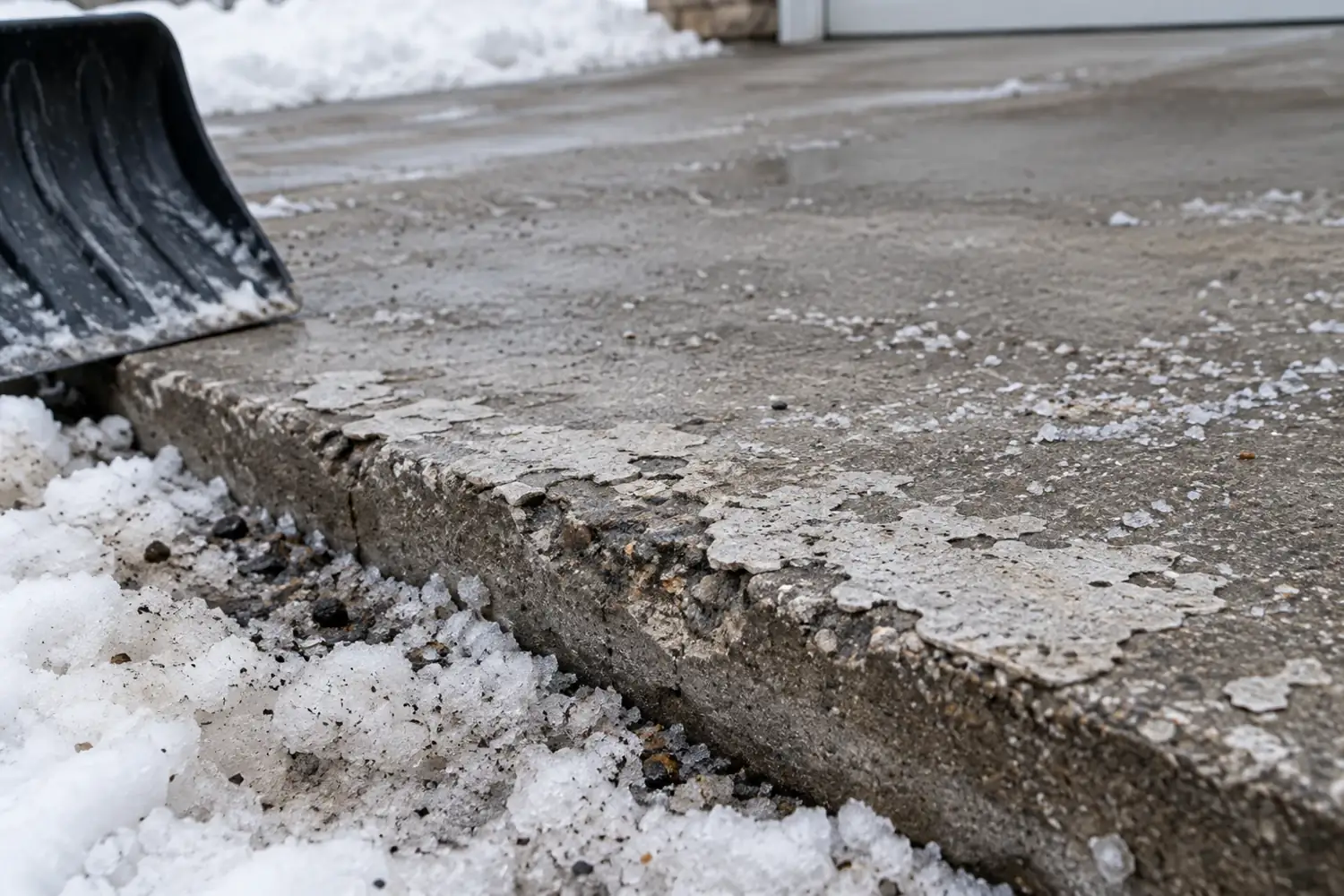 Illustrative salt-scaled concrete edge beside snow and a shovel blade