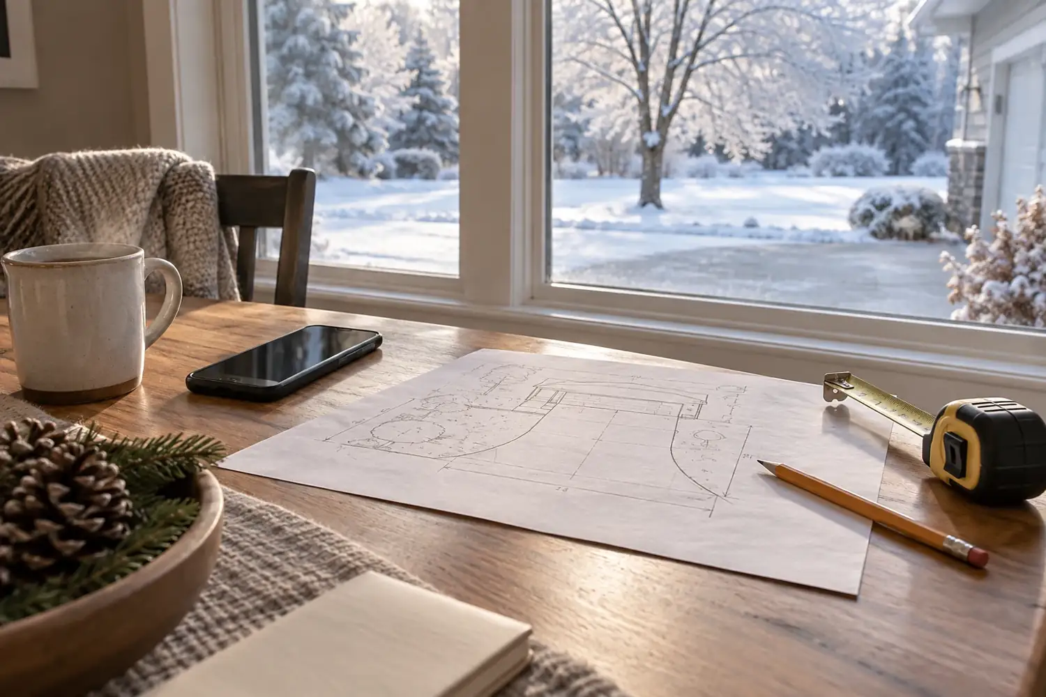 Illustrative phone, driveway sketch and tape measure on a kitchen table