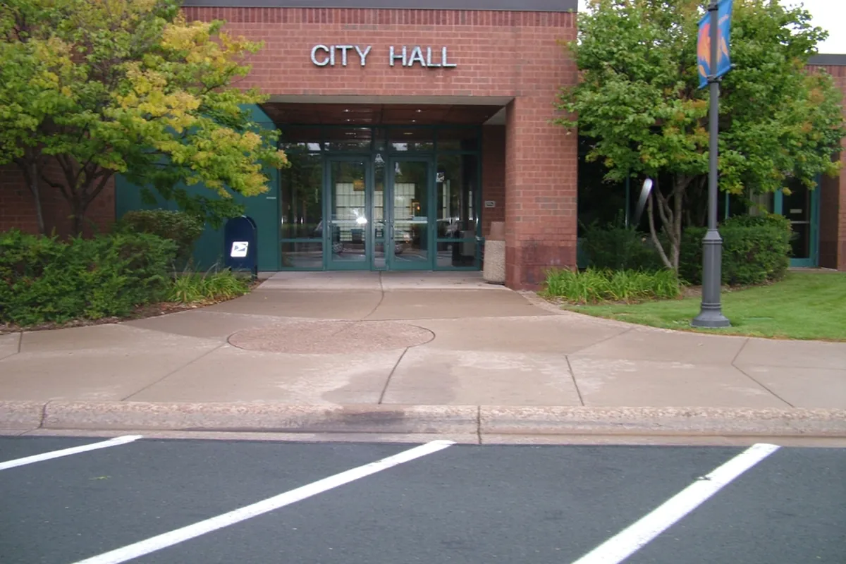The entrance to Shoreview City Hall in Shoreview, Minnesota