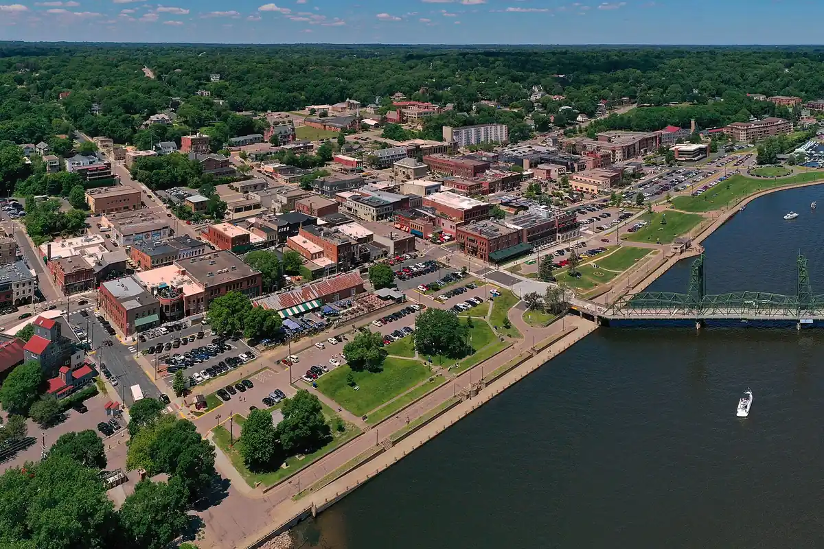 Aerial view of downtown Stillwater and the St. Croix River